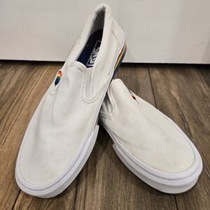 White Slip-On Vans with Rainbow Detail